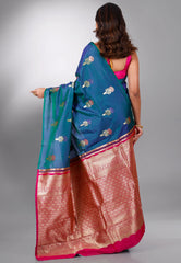 Peacock Blue Kanjivaram Silk Saree With Blouse Piece