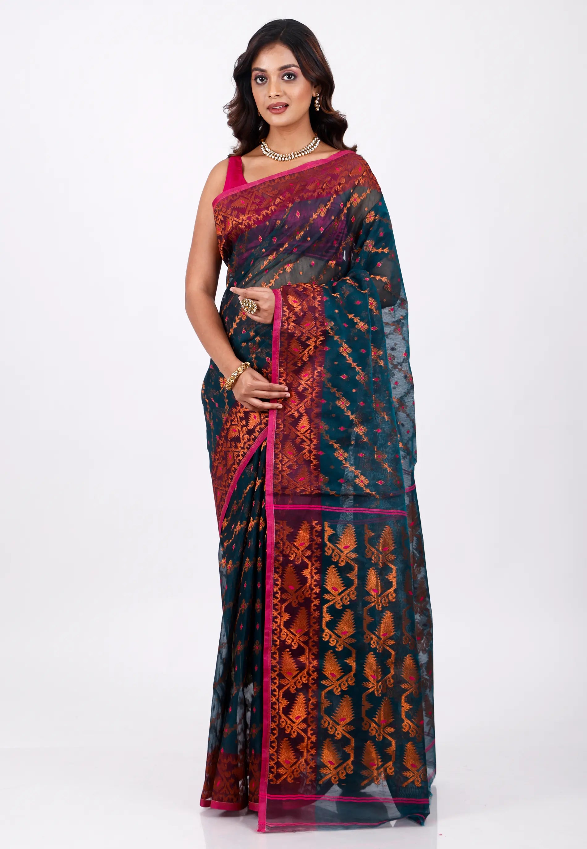 Blue Dhakai Jamdani Cotton Saree without Blouse Piece