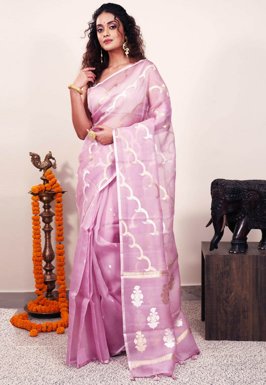 Mauve Kora Silk Saree With Blouse Piece - Adi Akshoy & Co.