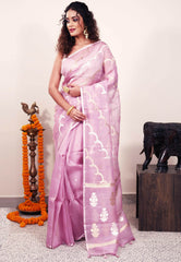 Mauve Kora Silk Saree With Blouse Piece - Adi Akshoy & Co.