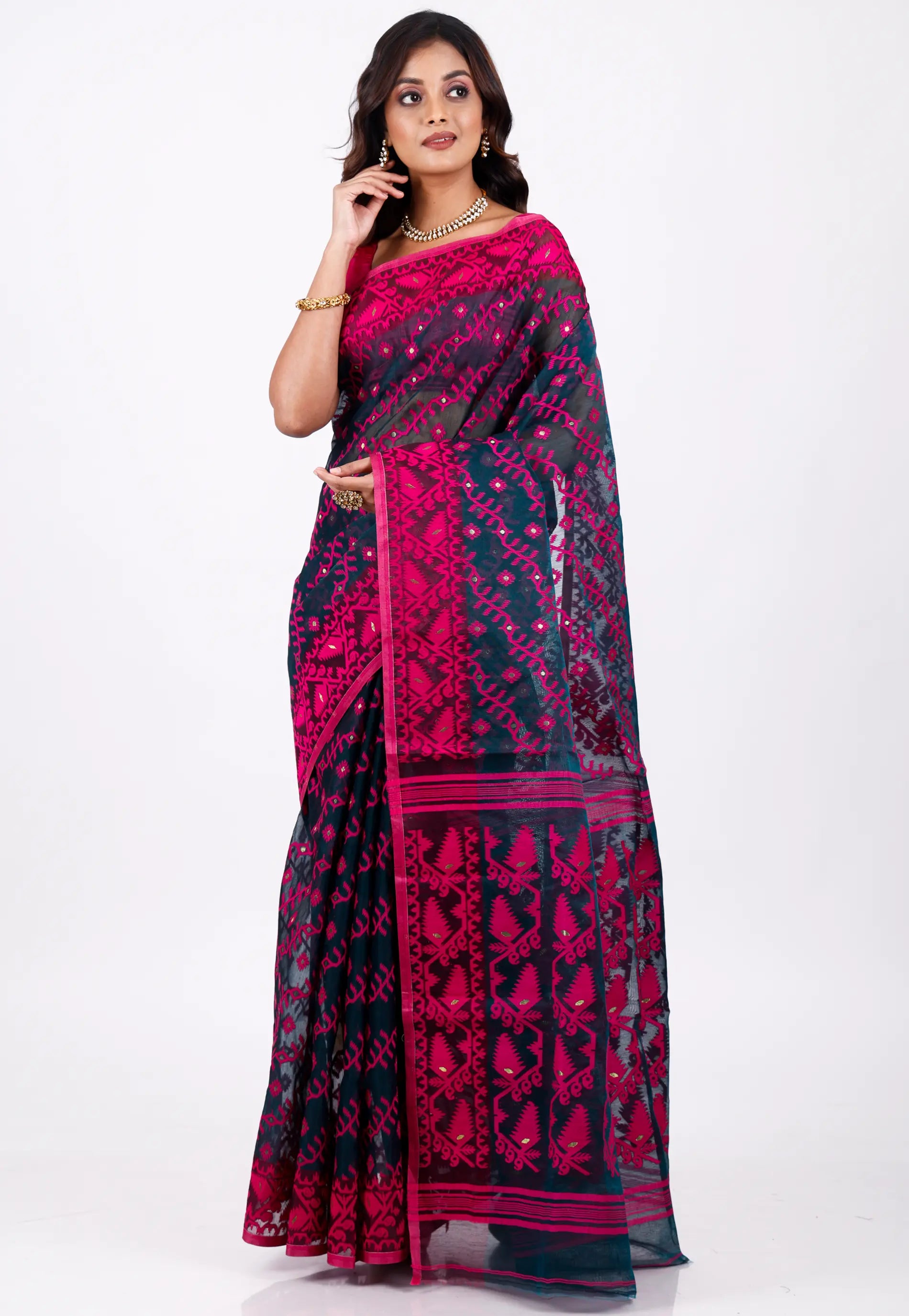 Blue Dhakai Jamdani Cotton Saree without Blouse Piece