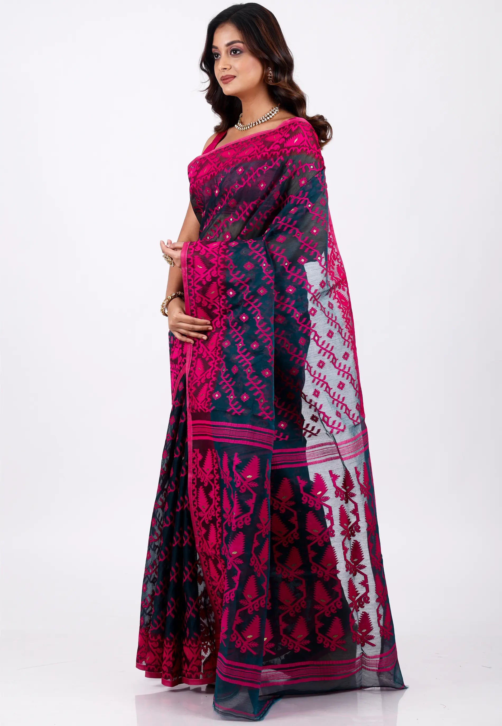 Blue Dhakai Jamdani Cotton Saree without Blouse Piece