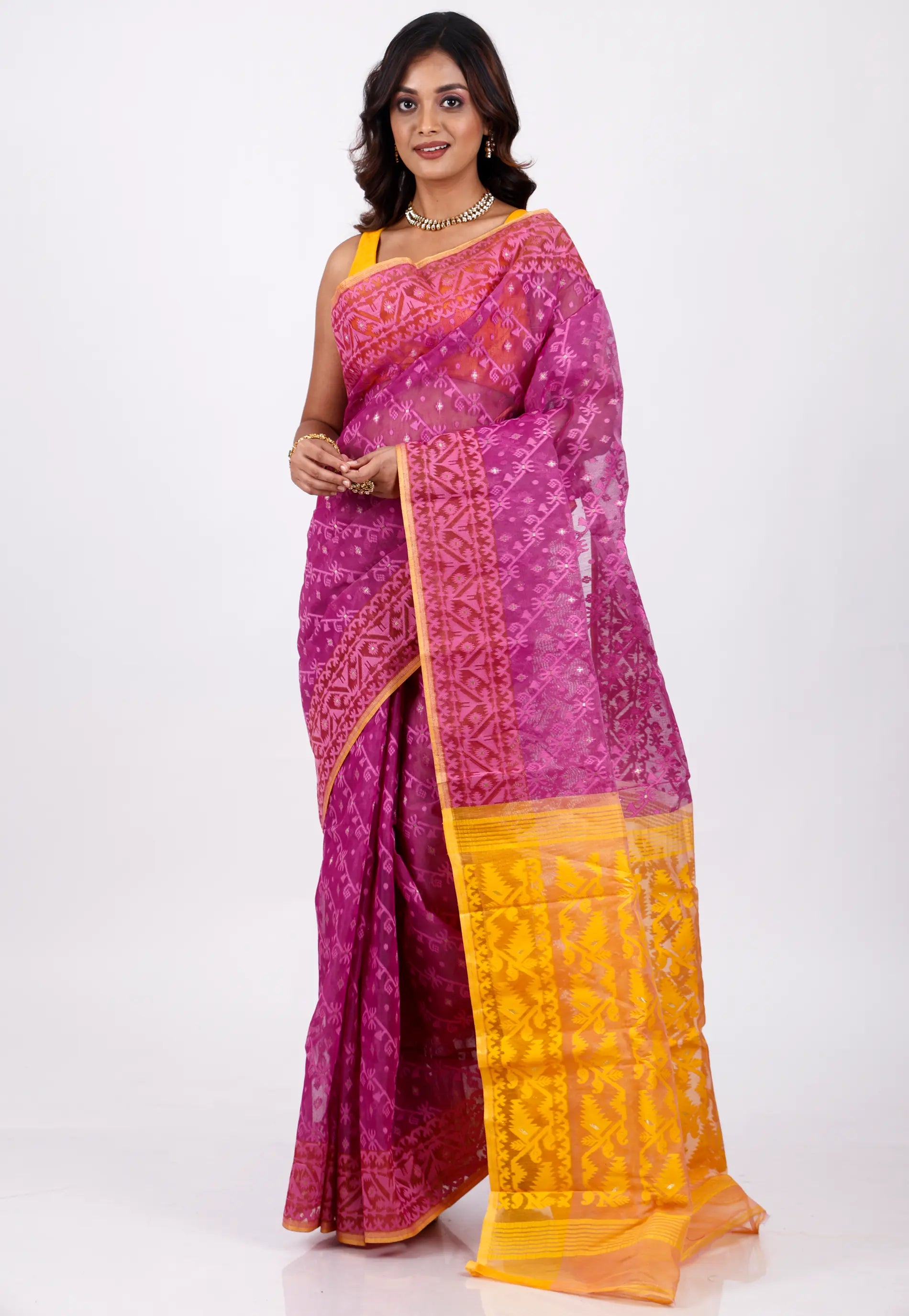 Pink Dhakai Jamdani Cotton Saree without Blouse Piece