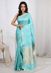 Sea Blue Pure Katan Silk Saree With Blouse Piece - Adi Akshoy & Co