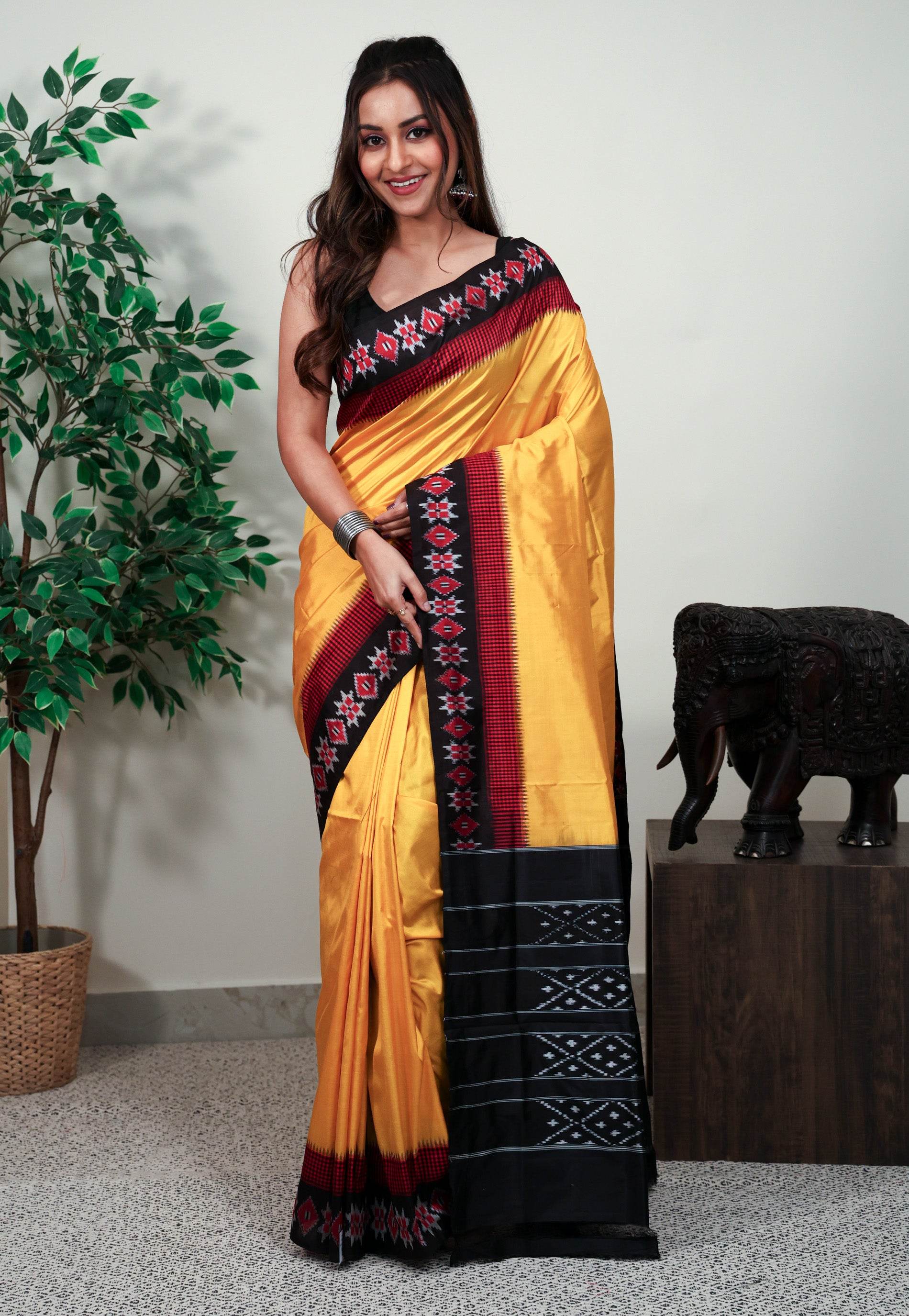 Yellow with Black Border Ikkat Saree With Blouse Piece - Adi Akshoy & Co.