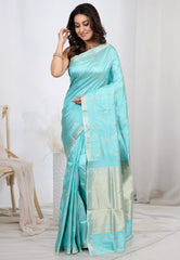Sea Blue Pure Katan Silk Saree With Blouse Piece - Adi Akshoy & Co