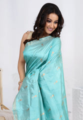 Sea Blue Pure Katan Silk Saree With Blouse Piece - Adi Akshoy & Co