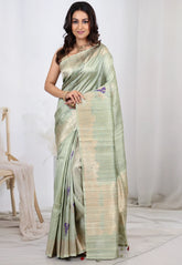 Light Green Blue Pure Tussar Silk with Copper Border with Blouse Piece - Adi Akshoy & Co