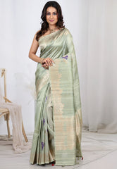 Light Green Blue Pure Tussar Silk with Copper Border with Blouse Piece - Adi Akshoy & Co