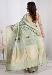 Light Green Blue Pure Tussar Silk with Copper Border with Blouse Piece - Adi Akshoy & Co