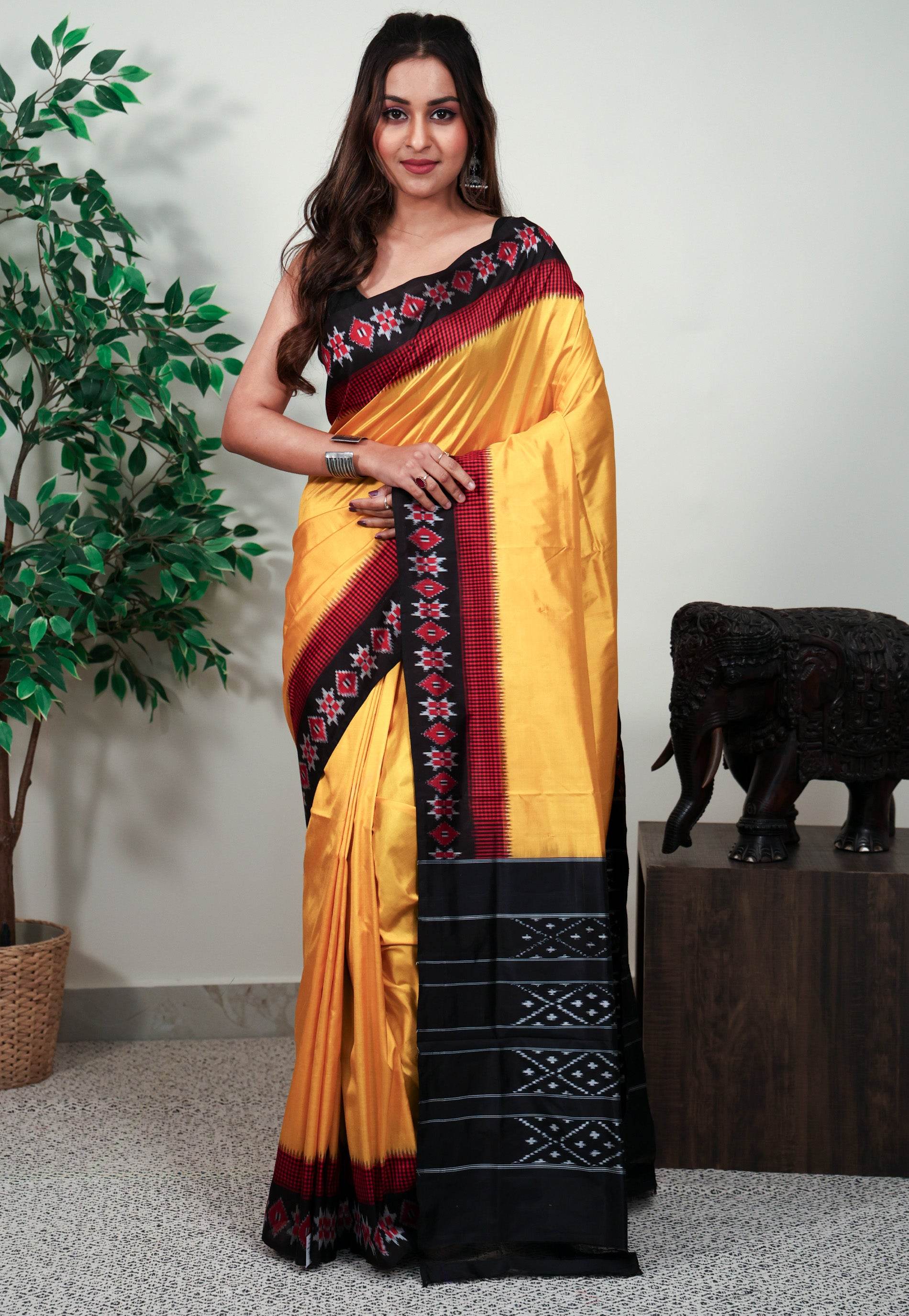 Yellow with Black Border Ikkat Saree With Blouse Piece - Adi Akshoy & Co.