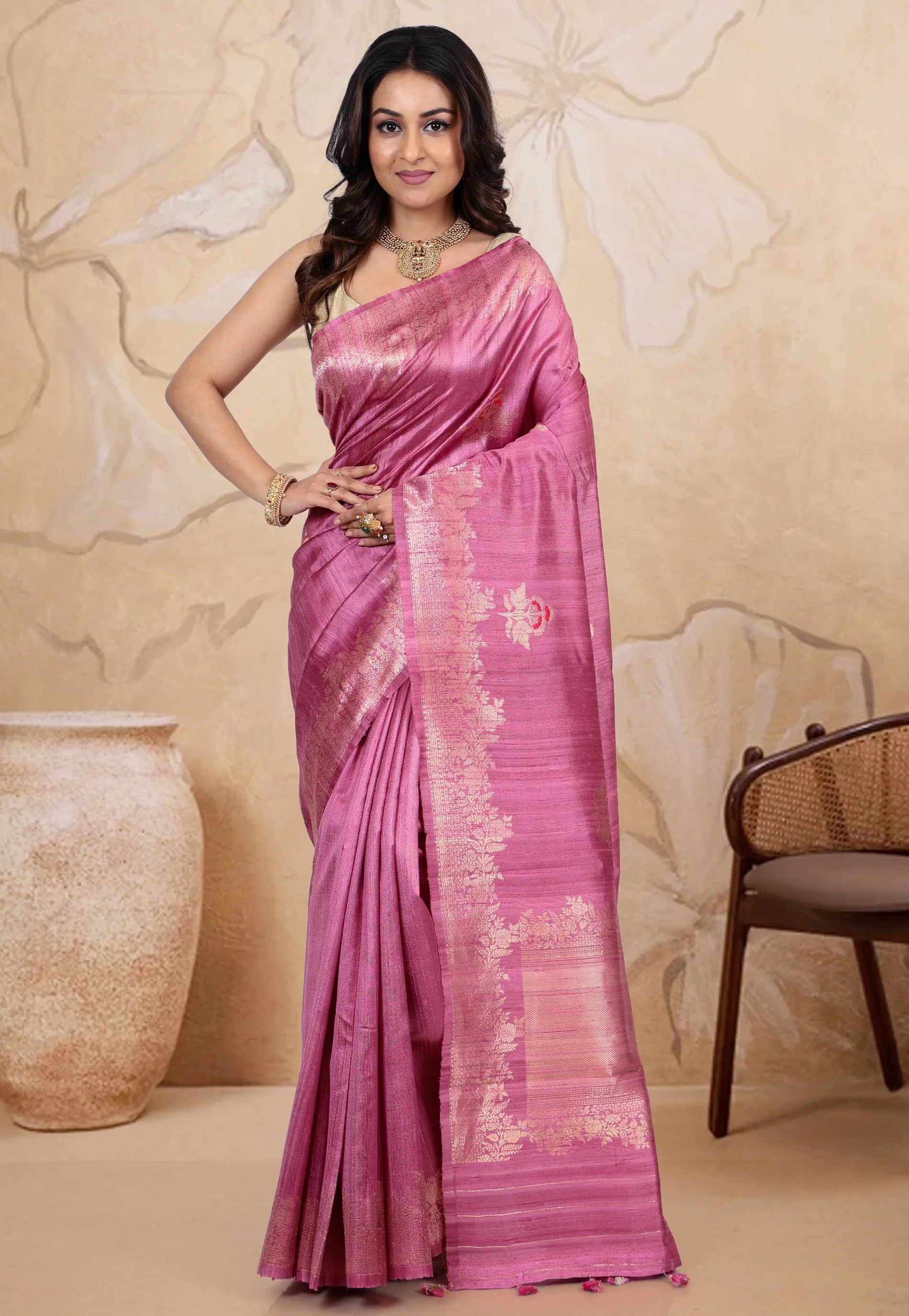 Rani Pink Pure Tussar Silk with Blouse Piece - Adi Akshoy & Co.