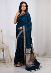 Midnight Blue Mashru Silk Saree with Blouse Piece - Adi Akshoy & Co