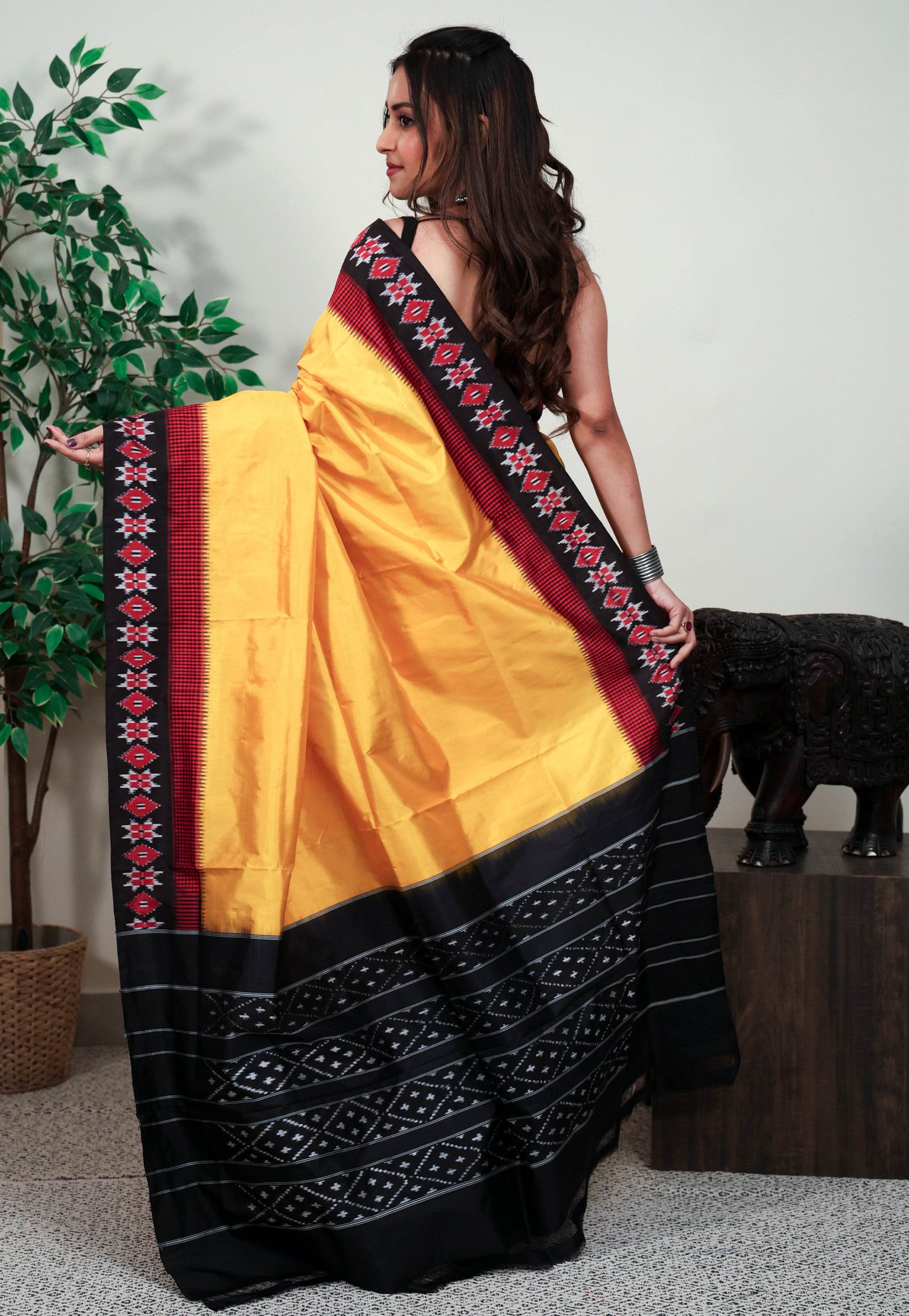Yellow with Black Border Ikkat Saree With Blouse Piece - Adi Akshoy & Co.