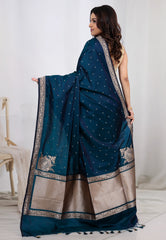 Midnight Blue Mashru Silk Saree with Blouse Piece - Adi Akshoy & Co