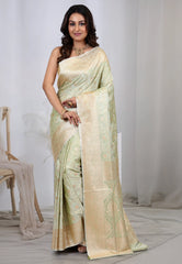 Pastel Green Banarasi Saree With Blouse Piece - Adi Akshoy & co.
