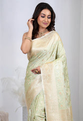Pastel Green Banarasi Saree With Blouse Piece - Adi Akshoy & co.