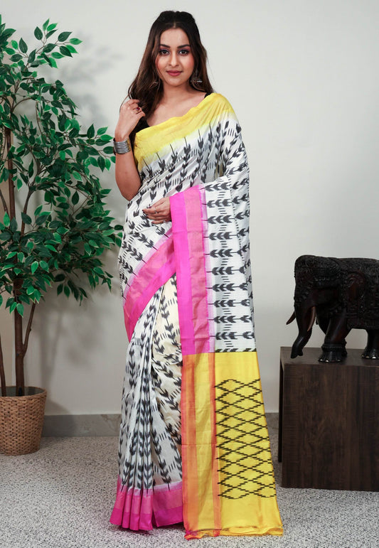 Off White with Ganga Jamuna Border (Rani & Yellow) Ikkat Saree With Blouse Piece - Adi Akshoy & Co.