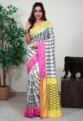 Off White with Ganga Jamuna Border (Rani & Yellow) Ikkat Saree With Blouse Piece - Adi Akshoy & Co.