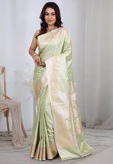 Lime Green Pastel Banarasi Saree With Blouse Piece - Adi Akshoy & co.