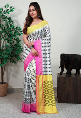 Off White with Ganga Jamuna Border (Rani & Yellow) Ikkat Saree With Blouse Piece - Adi Akshoy & Co.
