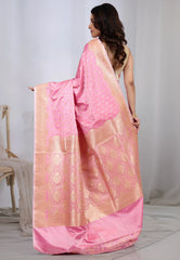 Pastel Pink Banarasi Saree With Blouse Piece - Adi Akshoy & co.