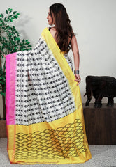 Off White with Ganga Jamuna Border (Rani & Yellow) Ikkat Saree With Blouse Piece - Adi Akshoy & Co.