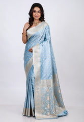 Pastel Sky Blue Banarasi Saree With Blouse Piece - Adi Akshoy & co.