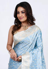 Pastel Sky Blue Banarasi Saree With Blouse Piece - Adi Akshoy & co.