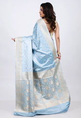Pastel Sky Blue Banarasi Saree With Blouse Piece - Adi Akshoy & co.