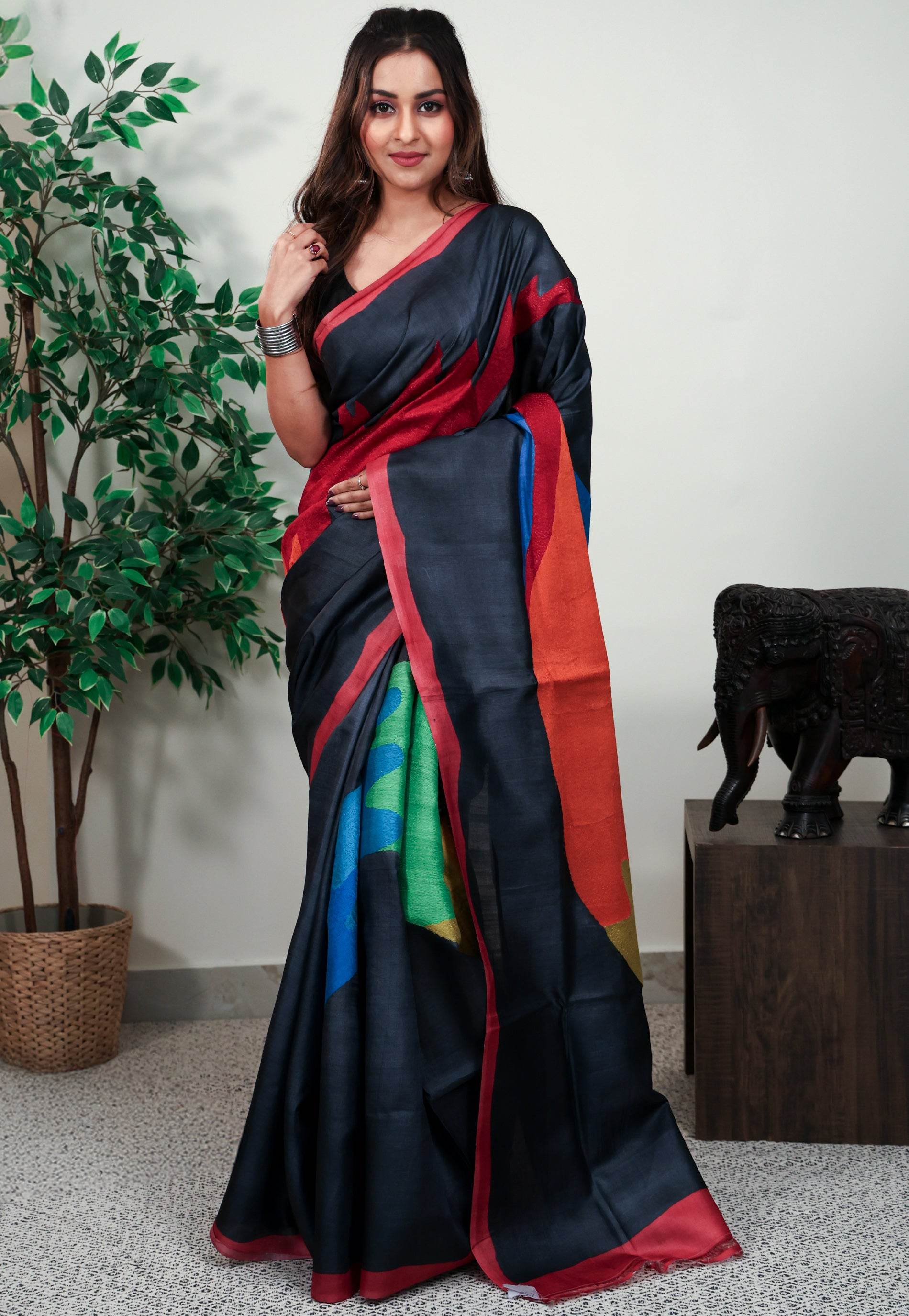 Charcoal Grey Tussar Pure Silk Kantha Saree With Blouse Piece - Adi Akshoy & Co.