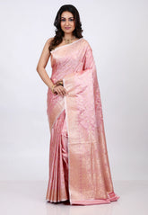 Pastel Pink Banarasi Saree With Blouse Piece - Adi Akshoy & co.