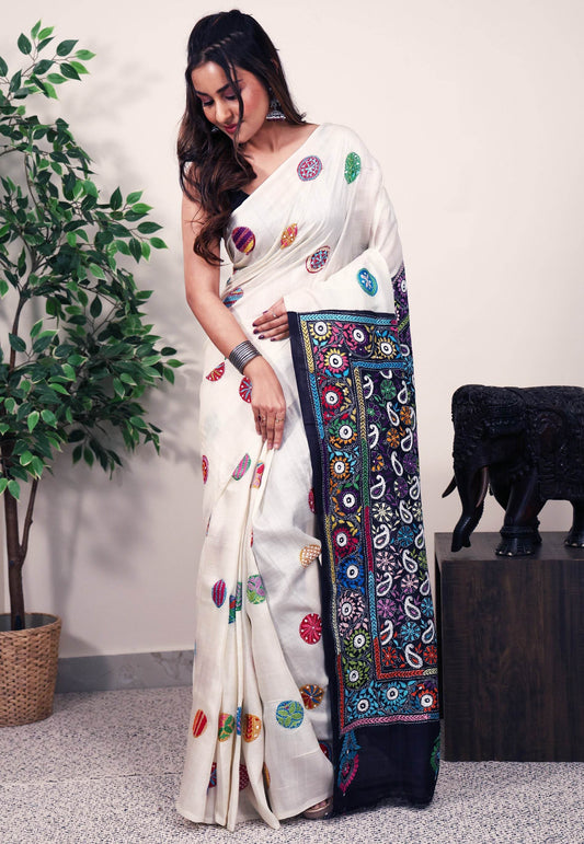 Off White Pure Silk Kantha Saree With Blouse Piece - Adi Akshoy & Co.