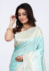Sea Green Pastel Banarasi Saree With Blouse Piece - Adi Akshoy & co.
