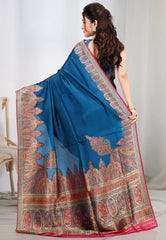 Peacock Blue Kani Silk Saree With Blouse Piece - Adi Akshoy & co.