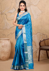 Turquoise Blue Pure Katan Silk Saree With Blouse Piece - Adi Akshoy & co.