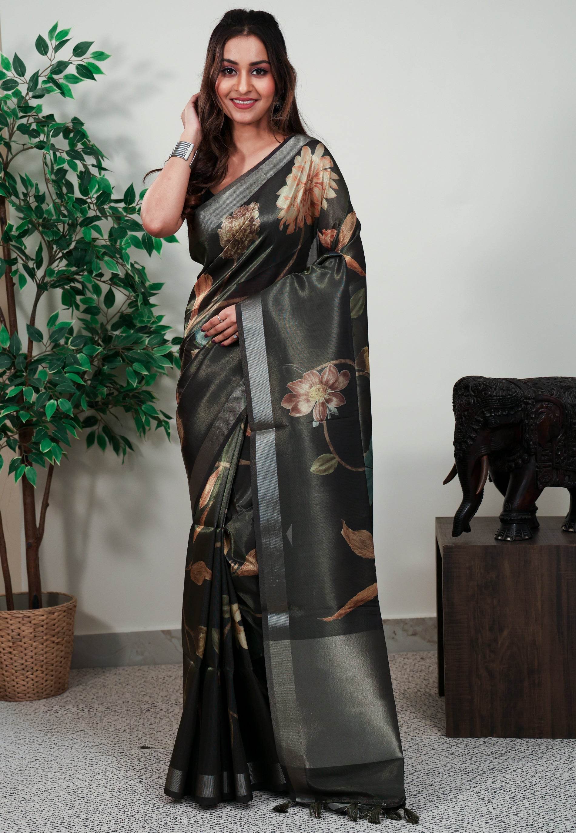 Black Tissue Silk Saree with Blouse Piece - Adi Akshoy & Co.