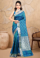 Turquoise Blue Pure Katan Silk Saree With Blouse Piece - Adi Akshoy & co.