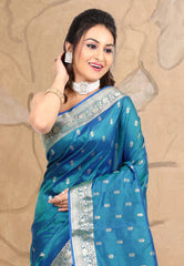 Turquoise Blue Pure Katan Silk Saree With Blouse Piece - Adi Akshoy & co.