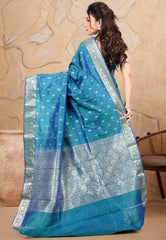 Turquoise Blue Pure Katan Silk Saree With Blouse Piece - Adi Akshoy & co.