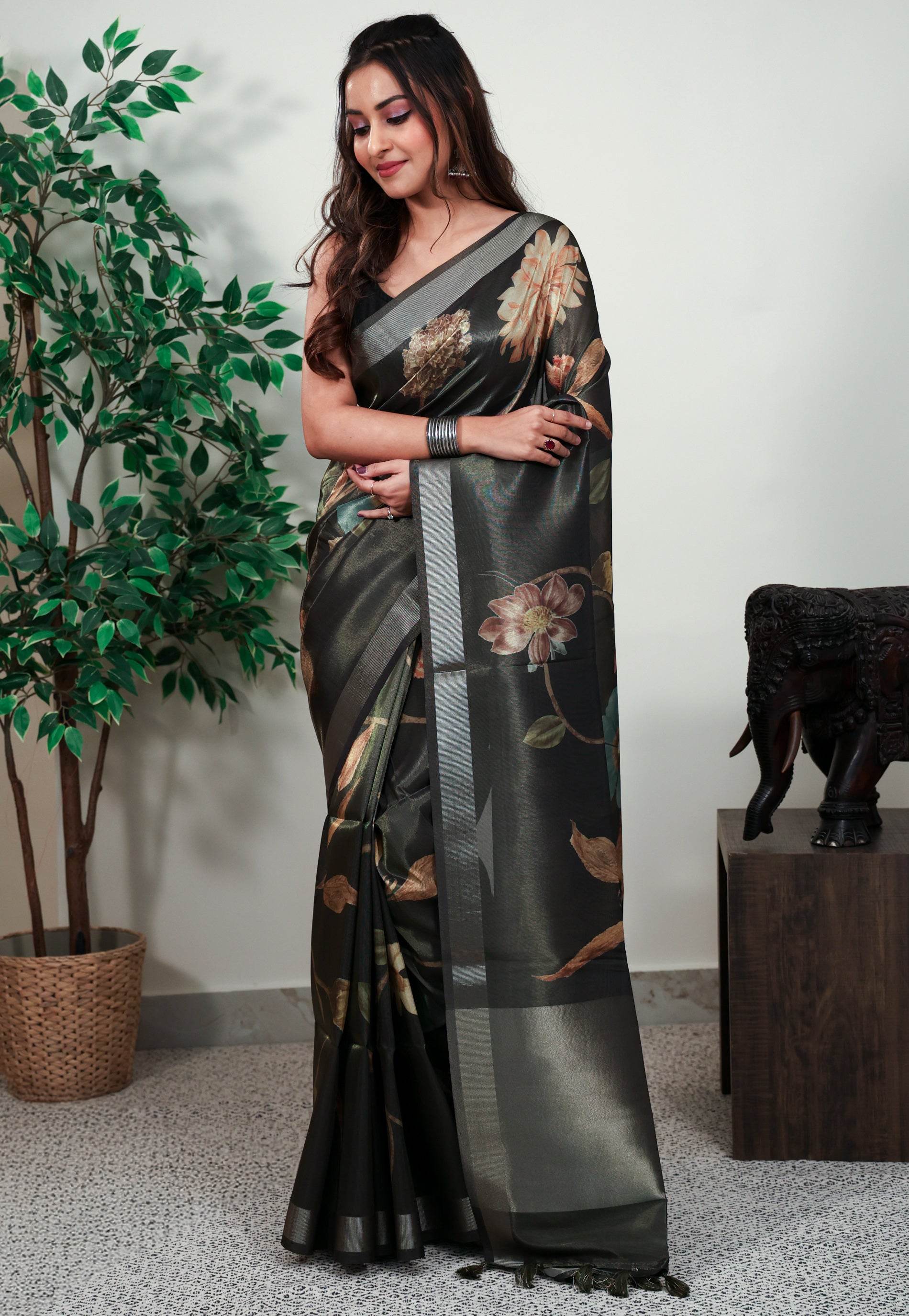 Black Tissue Silk Saree with Blouse Piece - Adi Akshoy & Co.