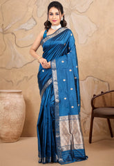 Turquoise Blue Pure Katan Silk Saree With Blouse Piece - Adi Akshoy & co.