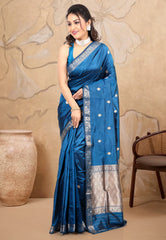 Turquoise Blue Pure Katan Silk Saree With Blouse Piece - Adi Akshoy & co.