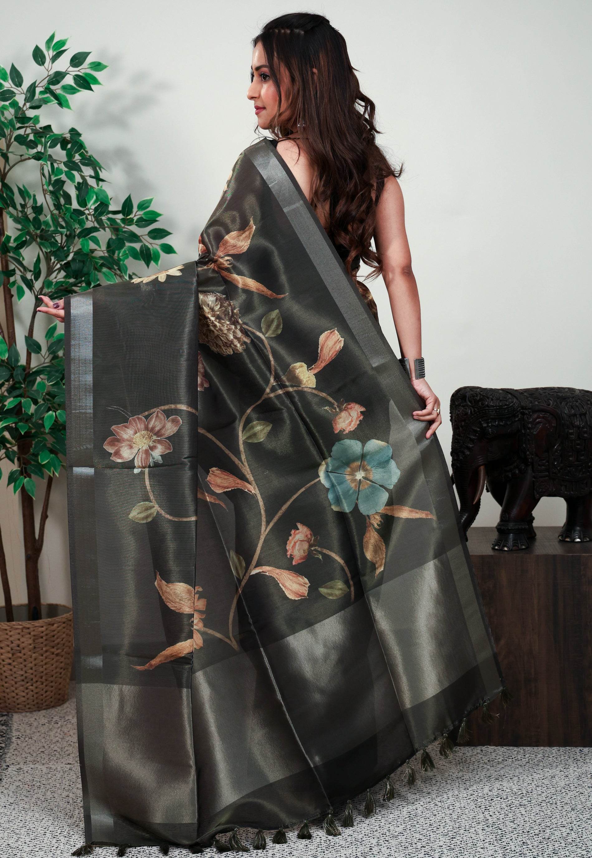 Black Tissue Silk Saree with Blouse Piece - Adi Akshoy & Co.