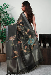 Black Tissue Silk Saree with Blouse Piece - Adi Akshoy & Co.