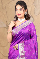 Purple Pure Katan Silk Saree with Blouse Piece - Adi Akshoy & co.