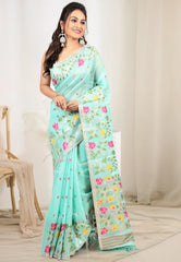 Sea Green Tussar Silk Saree With Blouse Piece - Adi Akshoy & co.