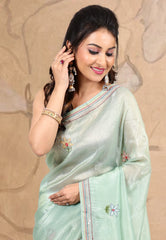 Sea Green Crush Tissue Kantha Saree With Blouse Piece - Adi Akshoy & co.