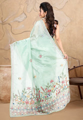 Sea Green Crush Tissue Kantha Saree With Blouse Piece - Adi Akshoy & co.