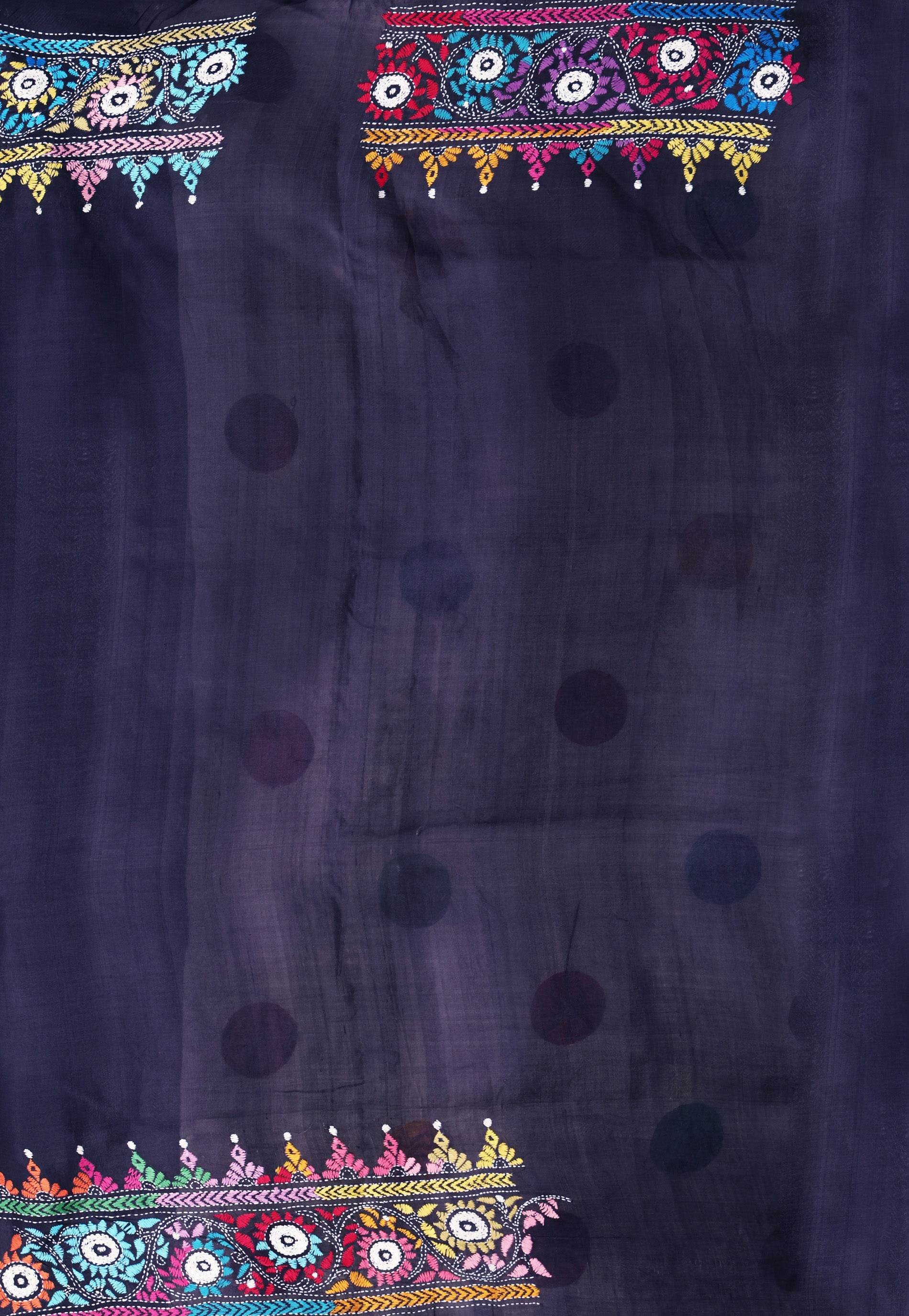 Off White Pure Silk Kantha Saree With Blouse Piece - Adi Akshoy & Co.